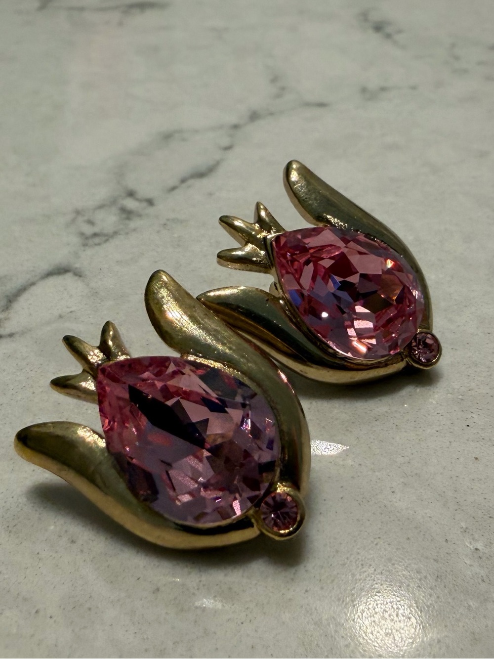 Gold-Tone Pink Teardrop Crystal Earrings